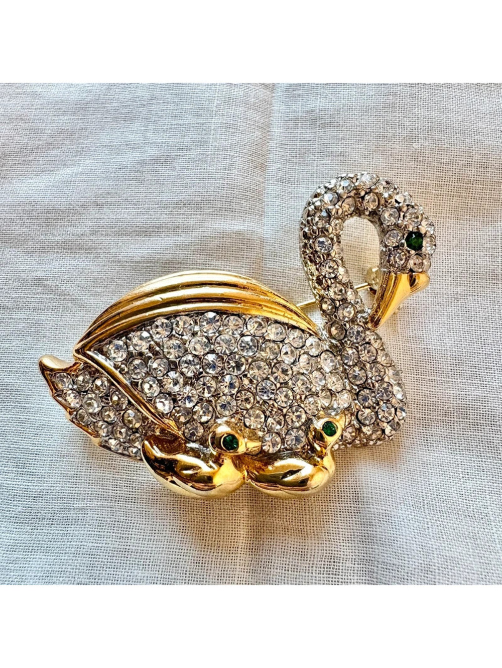 Vintage Rhinestone Swan Brooch Pin Statement Costume Jewelry, Holiday Party